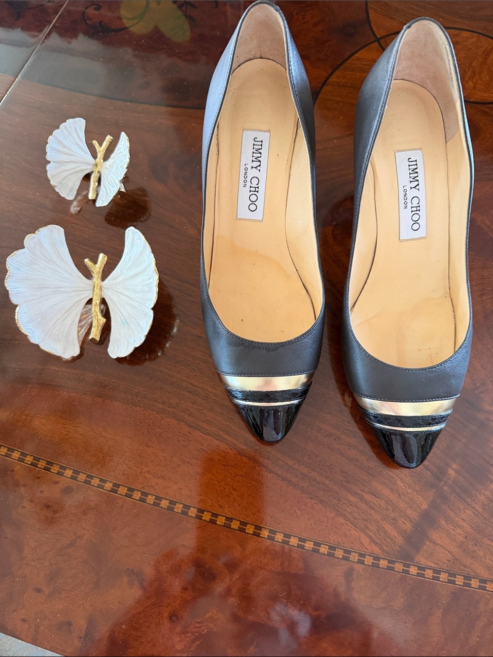 Jimmy Choo Black Leather Pointed-Toe Pumps with Gold & Silver Stripes